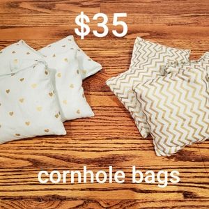 Corn hole bags light teal and gold heart and zig zag print